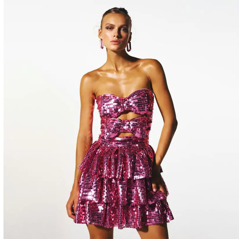 New European Style Pink Party Dress with Sequins
