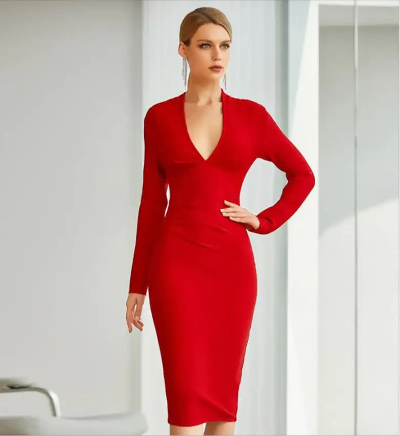 Solid Color High Waist Midi Red Party Dress
