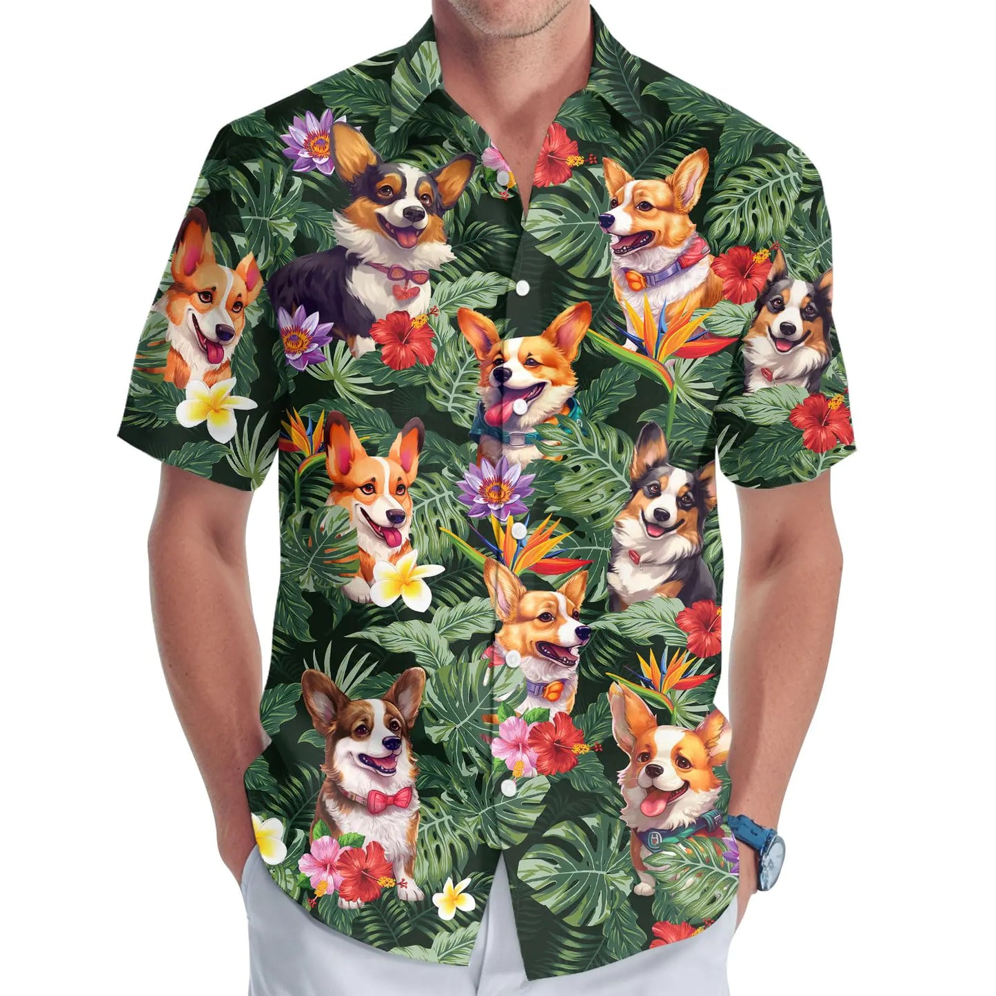 Corgi Mens Hawaiian Shirt Summer Corgi Button Shirt for Unisex Corgi Casual Shirt Men Dad Gifts Birthday Gifts for Men (Small)