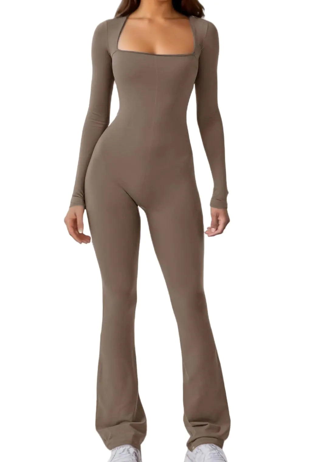 niyokki One Piece Jumpsuits for Women Cute Long Sleeve Bodycon Sexy Flare Jumpsuit Romper Dressy Unitard Full Bodysuit Athletic Workout Yoga Comfy Onesies(LongSleeve-Coffee-L)
