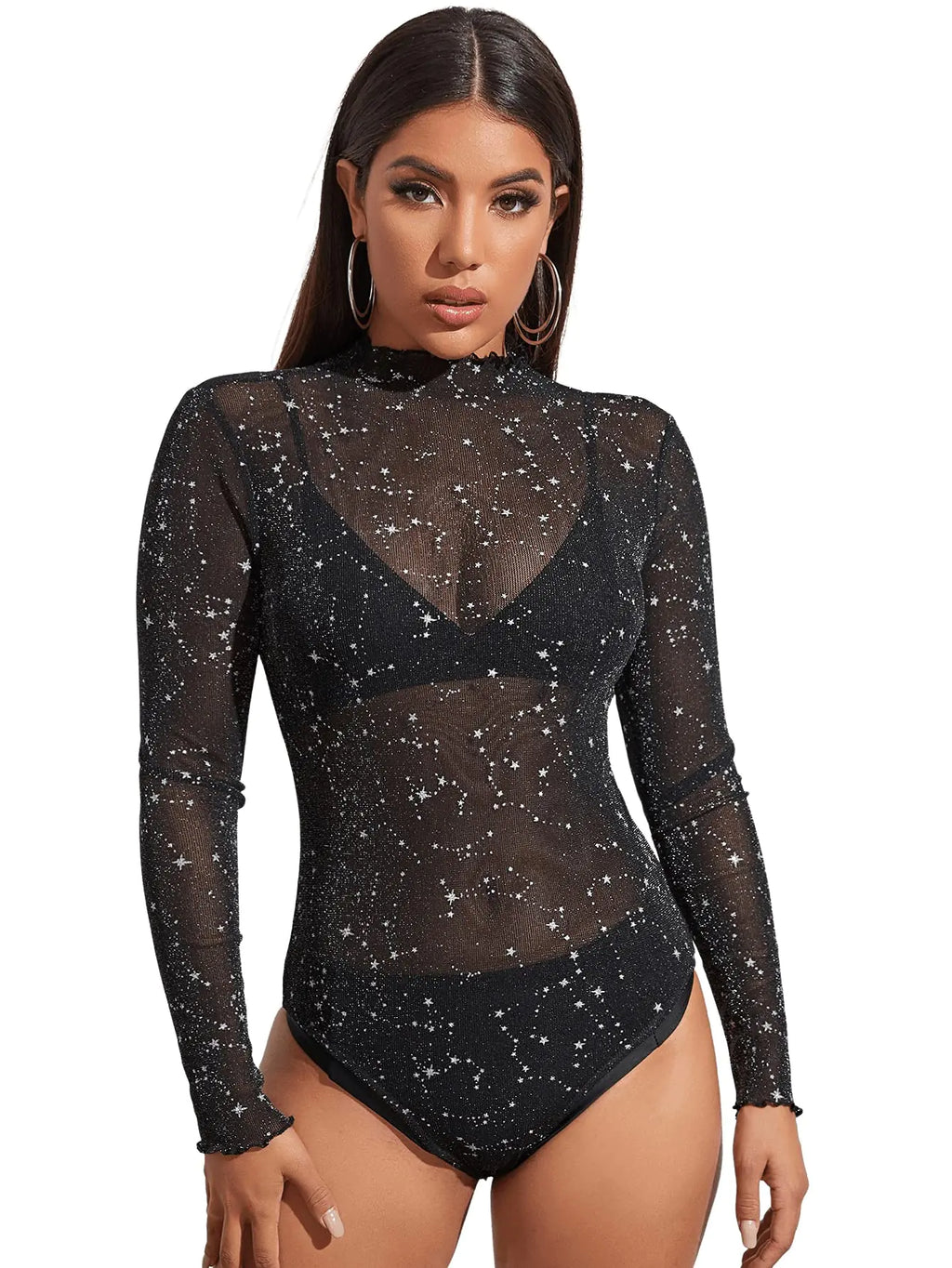 SweatyRocks Womens Mock Neck Leopard Long Sleeve Mesh Bodysuit Leotard Galaxy Black XL