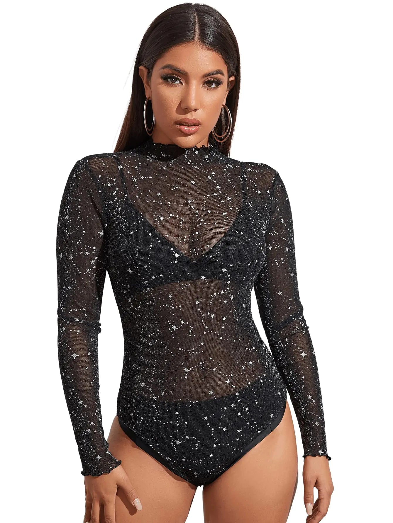SweatyRocks Womens Mock Neck Leopard Long Sleeve Mesh Bodysuit Leotard Galaxy Black XL