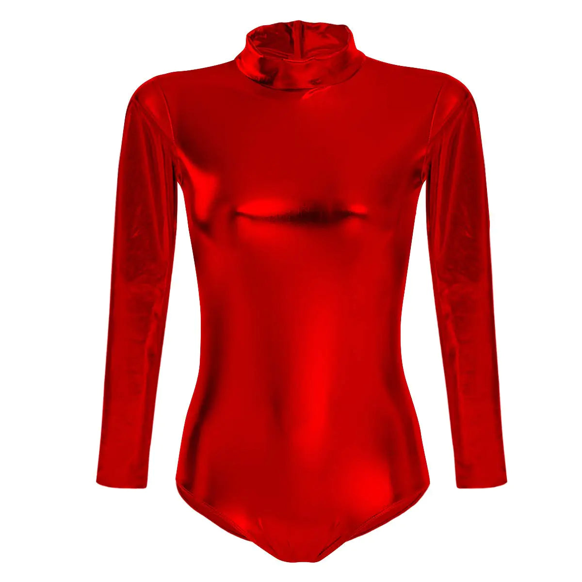 ODIZLI Women Shiny Metallic Long Sleeve Leotard Mock Turtleneck One Piece Bodysuit for Gymnastics Ballet Dance Red S