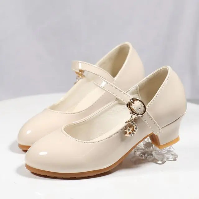 Girls White Leather High Heel Princess Dance Sandals