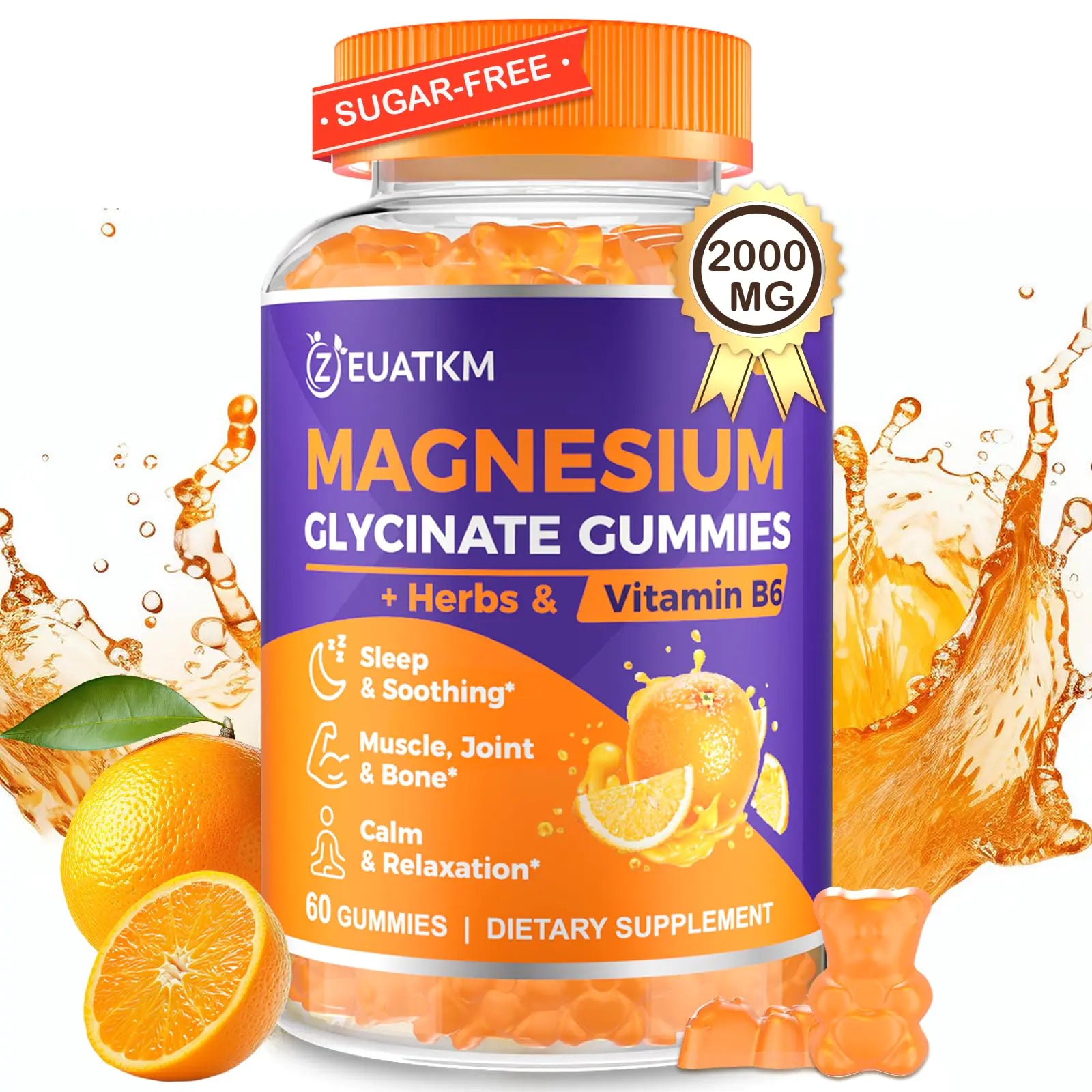 Magnesium Glycinate Gummies 2000mg Magnesium Gummies for Adults with Magnesium L-Threonate Ashwagandha & B6 for Muscle & Bone Magnesium L-Threonate Gummies for Relaxation & Energy Vegan - 60 Count