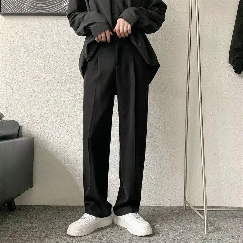 Men's Black Loose Straight Dress Pants for Office Casual