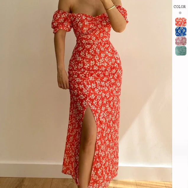 Off Shoulder Floral Print Party Dress with Slit (One)