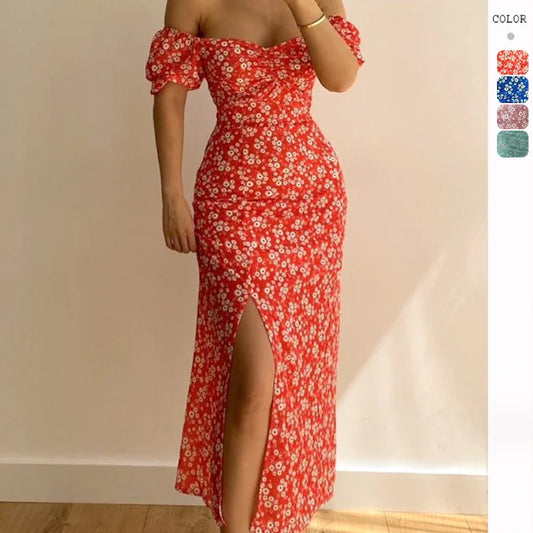 Off Shoulder Floral Print Party Dress with Slit (One)