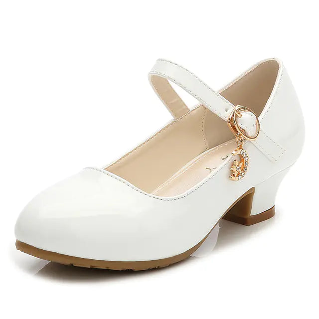 Girls White Leather High Heel Princess Dance Sandals