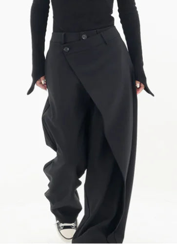 Asymmetrical Layer Button Wide Leg Dress Pants (Single Piece)