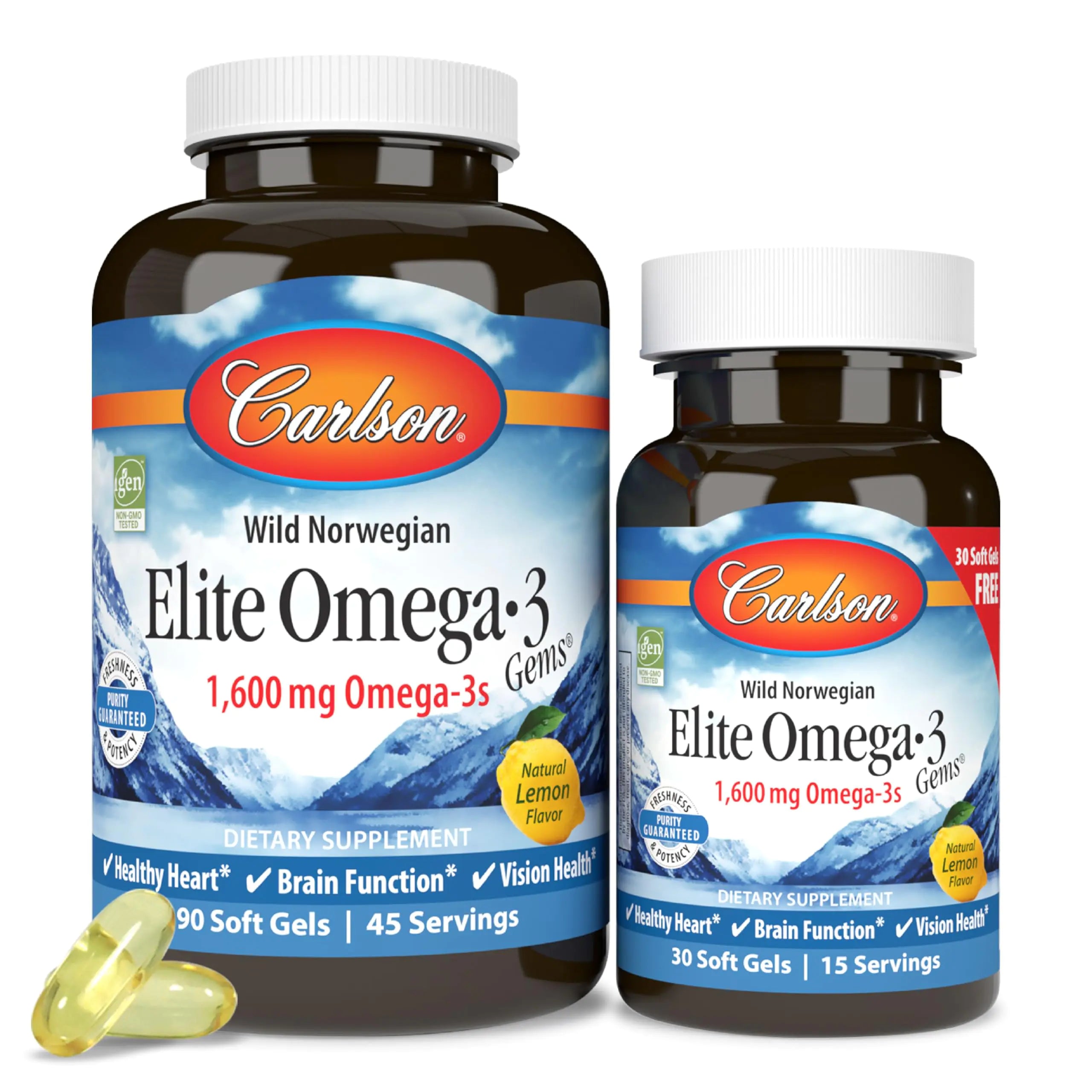 Carlson Elite Omega-3 Gems 1600 mg Omega 3 Fatty Acids Including EPA & DHA - Norwegian Wild-Caught Sustainably Sourced Fish Oil Supplement Omega 3 Fish Oil Capsules Lemon - 90+30 Softgels
