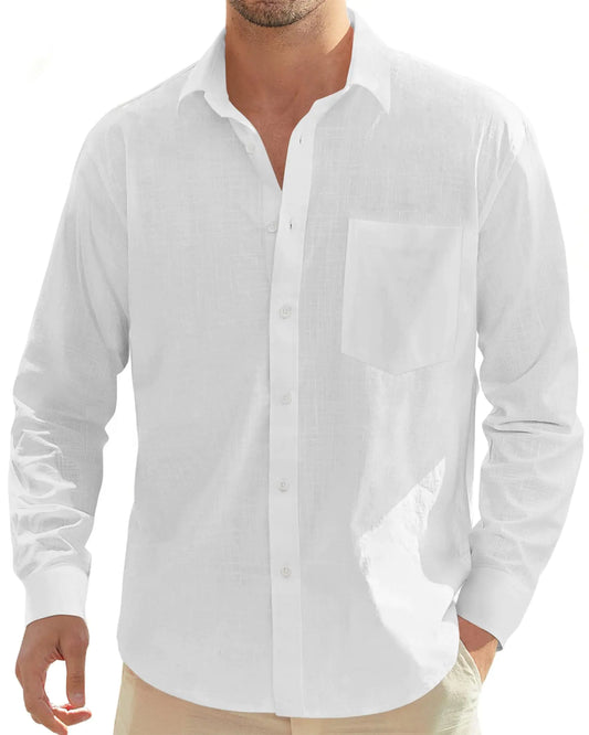 DATAMOUNT White Linen Shirt Men Casual Cotton Button Down Long Sleeve Shirts Solid Summer Beach Boho Shirt with Pocket
