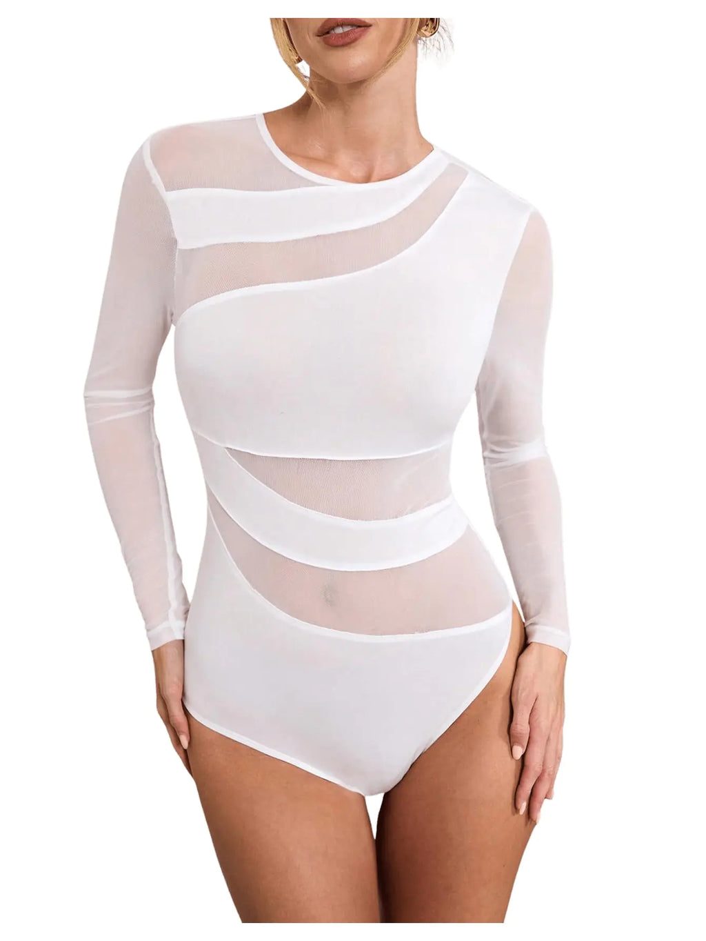 Milumia Womens Cut Out Sheer Mesh Long Sleeve Bodysuit Sexy See Through Leotard Shirt Top