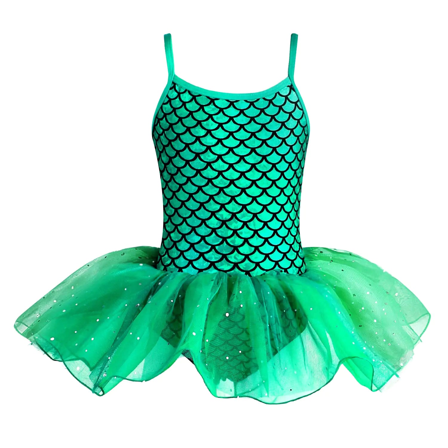 XiaoMoSha Dance Leotard for Girls 3-10T Tutu Skirted Leotard Dancewear Party Dress Outfit Sparkles Mermaid（Black-Green150 9-10Y）
