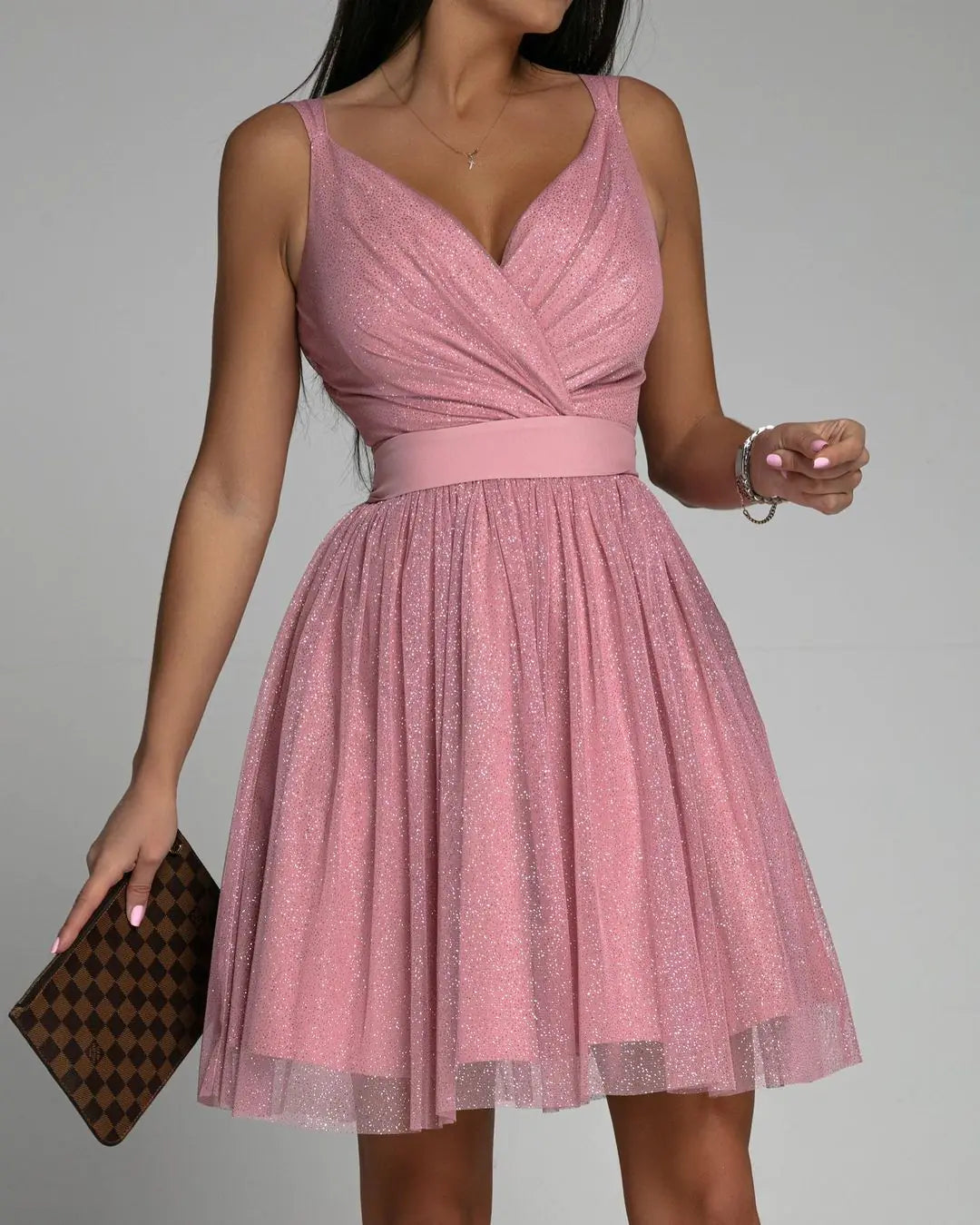 Elegant Glitter Sleeveless Deep V Neck Party Dress