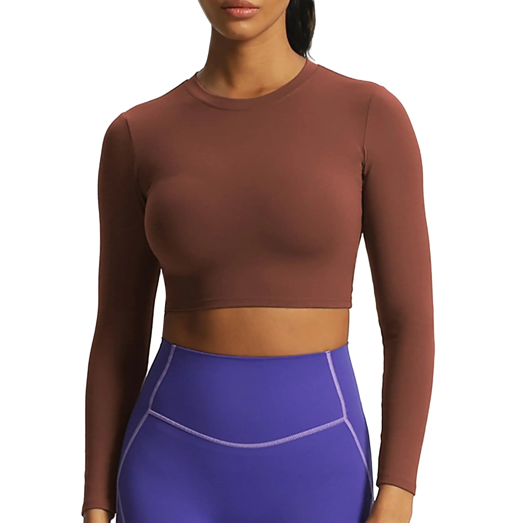 Aoxjox Long Sleeve Crop Top Crop Lengths for Women Classic Longline Workout Crop T Shirt Top Crop Length (Rum Raisin X-Small)