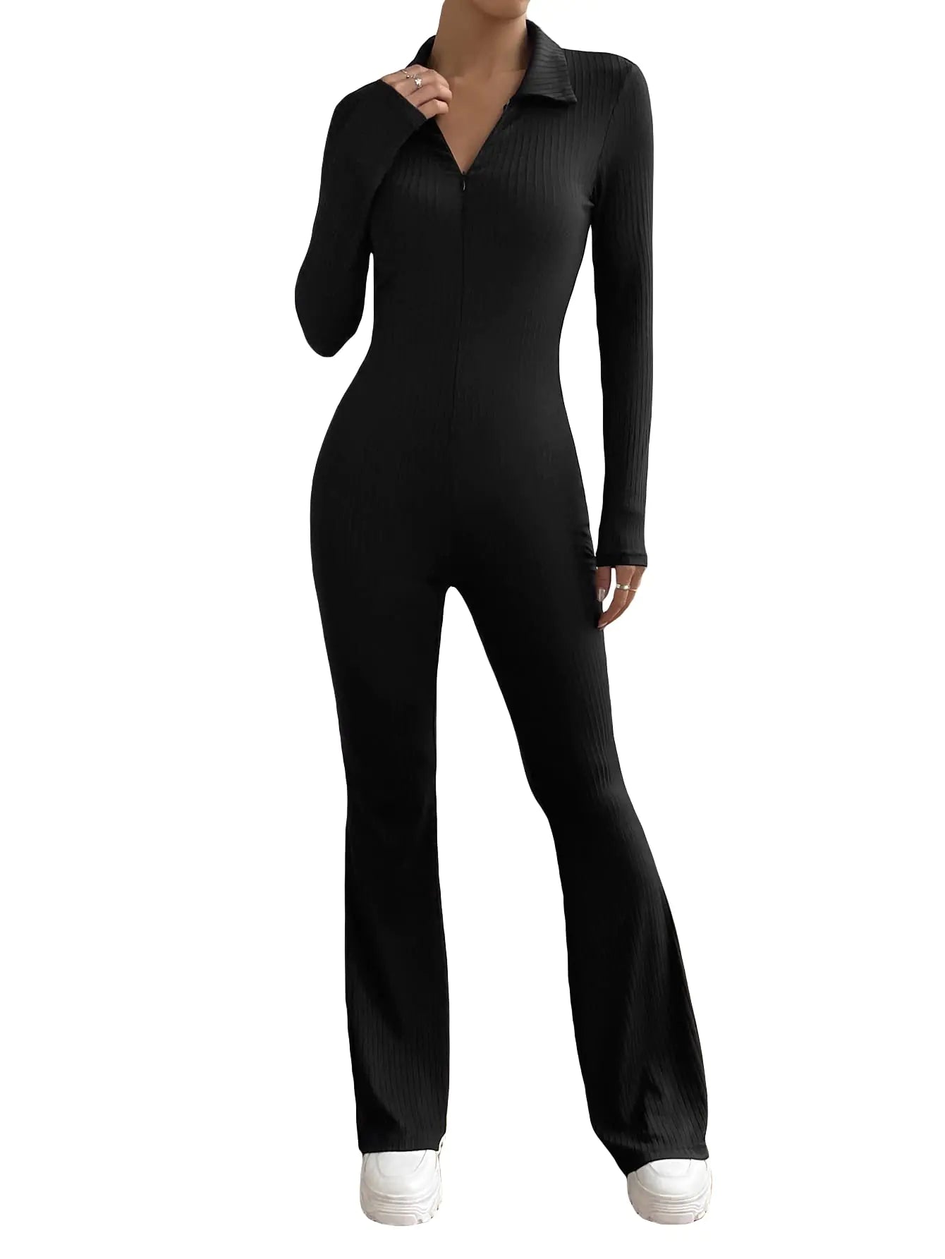 MakeMeChic Womens Collar Zip Up Long Sleeve Flare Jumpsuit Romper Bodysuit Pants Unitard Jumpsuits Black M
