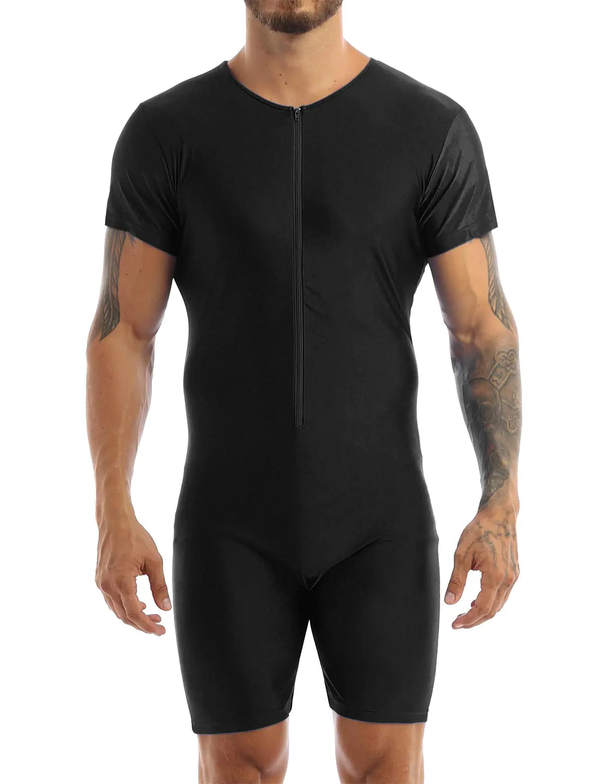 ACSUSS Mens Spandex Zipper Front Bodysuit Workout Dance Biketard Unitard Wrestling Singlet Jumpsuit Black XX-Large