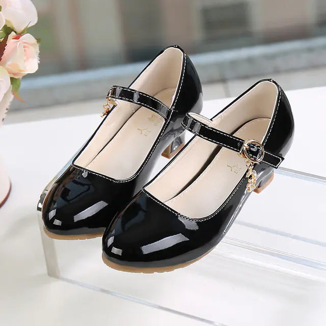 Girls White Leather High Heel Princess Dance Sandals