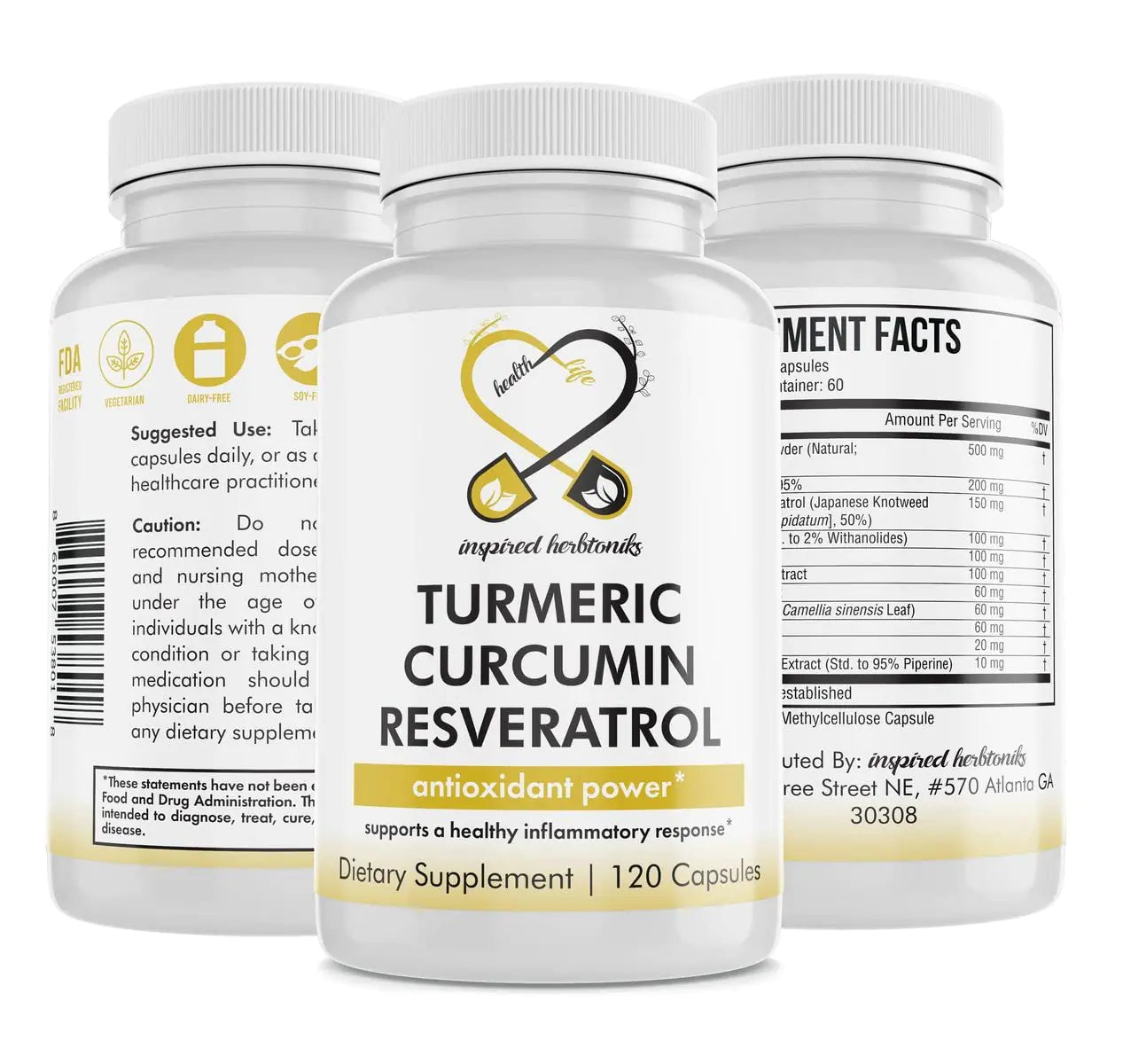 Inspired Herbtoniks Turmeric Curcumin Resveratrol Nutritional Supplement Antioxidant Properties Supports Good Inflammation and Immune System 120 Vegan Capsules