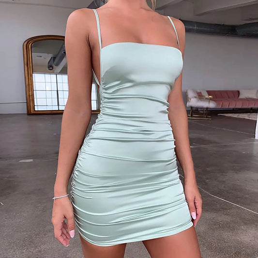 Draped Satin Mini Party Dress with Open Back (One Piece)