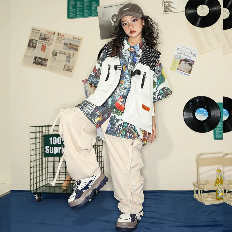 Vintage Hip Hop Dance Outfit: Shirt, Cargo Pants & Vest