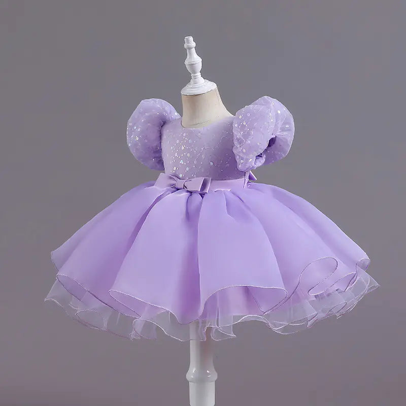 Sequined Puff Sleeve Lace Bubble Skirt Dance Dress