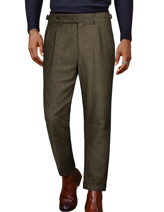 PJ PAUL JONES Mens Winter Warm Tweed Pants Double Pleated Italian Vintage Dress Pants Black Khaki