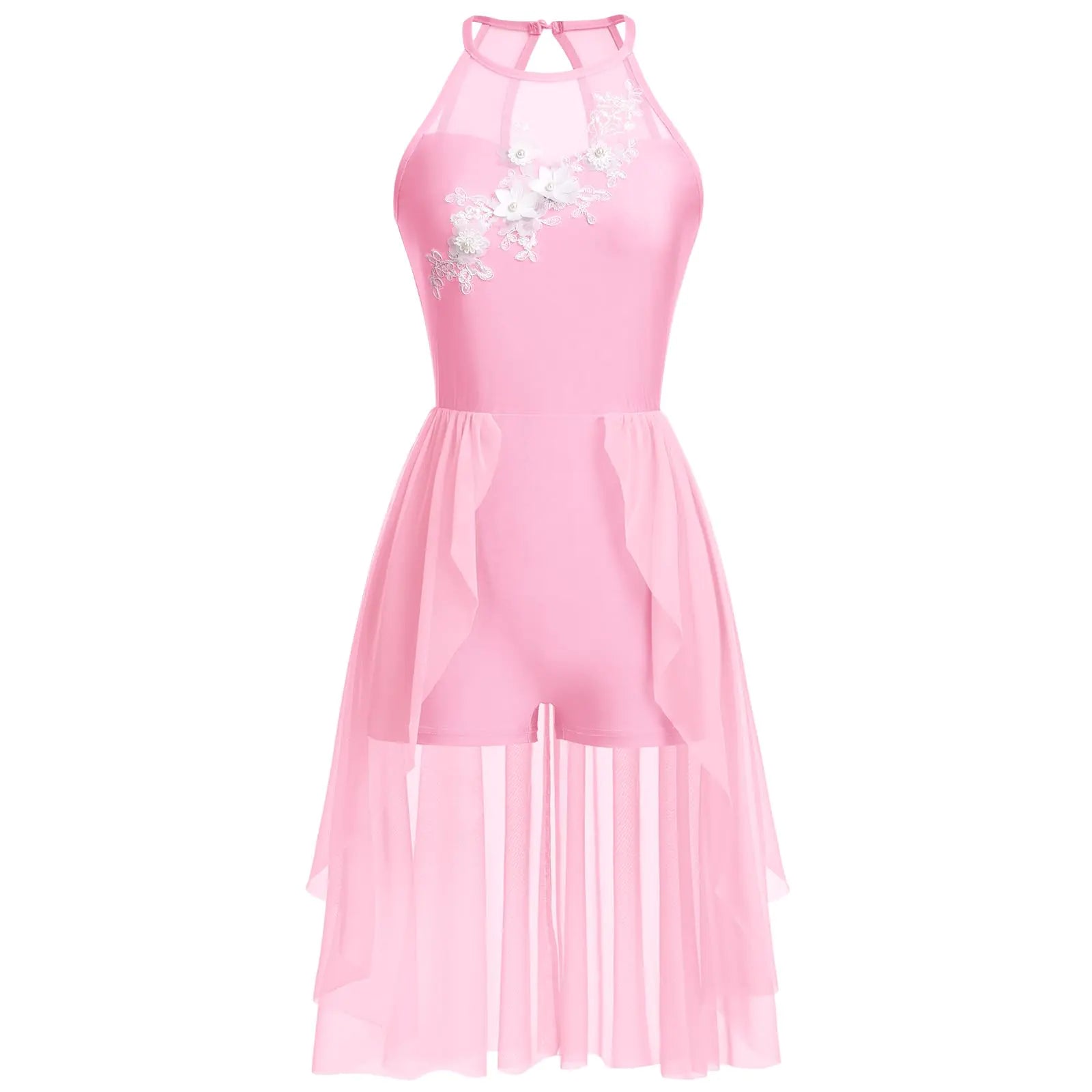 AFAVOM Lyrical Dance Costumes for Women Sequin Lace Flower Lyrical Dance Dress Flowy Mesh Tulle Chiffon Leotard Biketard Skirt Contemporary Dance Costumes Ballet Leotard Dancewear Pink XS