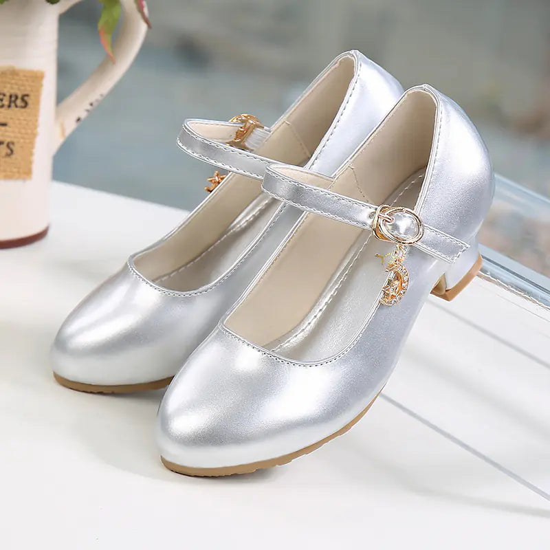 Girls White Leather High Heel Princess Dance Sandals