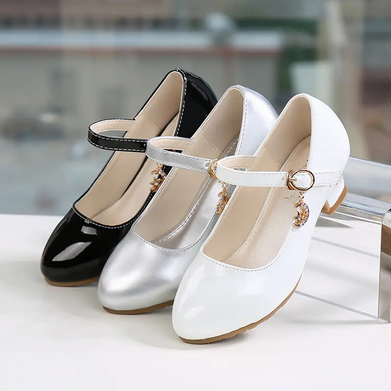 Girls White Leather High Heel Princess Dance Sandals