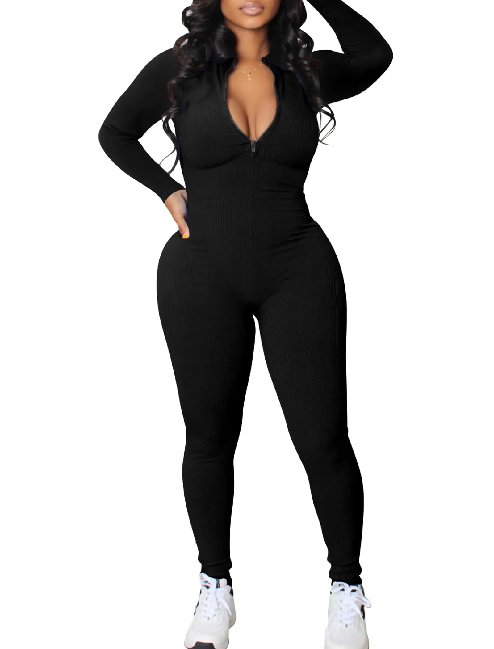 Matunana One Piece Jumpsuits for Women Long Sleeve Tummy Control Bodysuits Sexy V Neck Unitard Casual Ribbed Pants Rompers Bodycon Workout Athletic Fall Outfits 2024