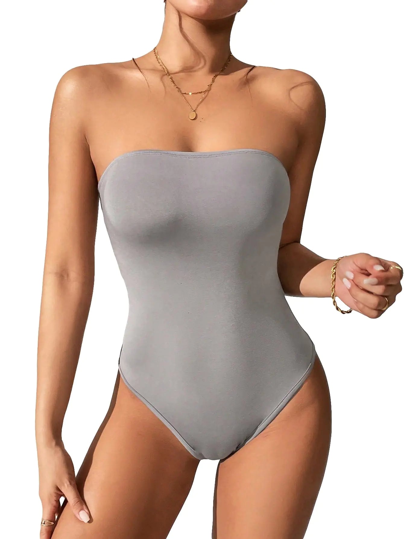 SOLY HUX Womens Strapless Tube Bodysuit Tops Sleeveless Solid Leotard Plain Grey Petite S
