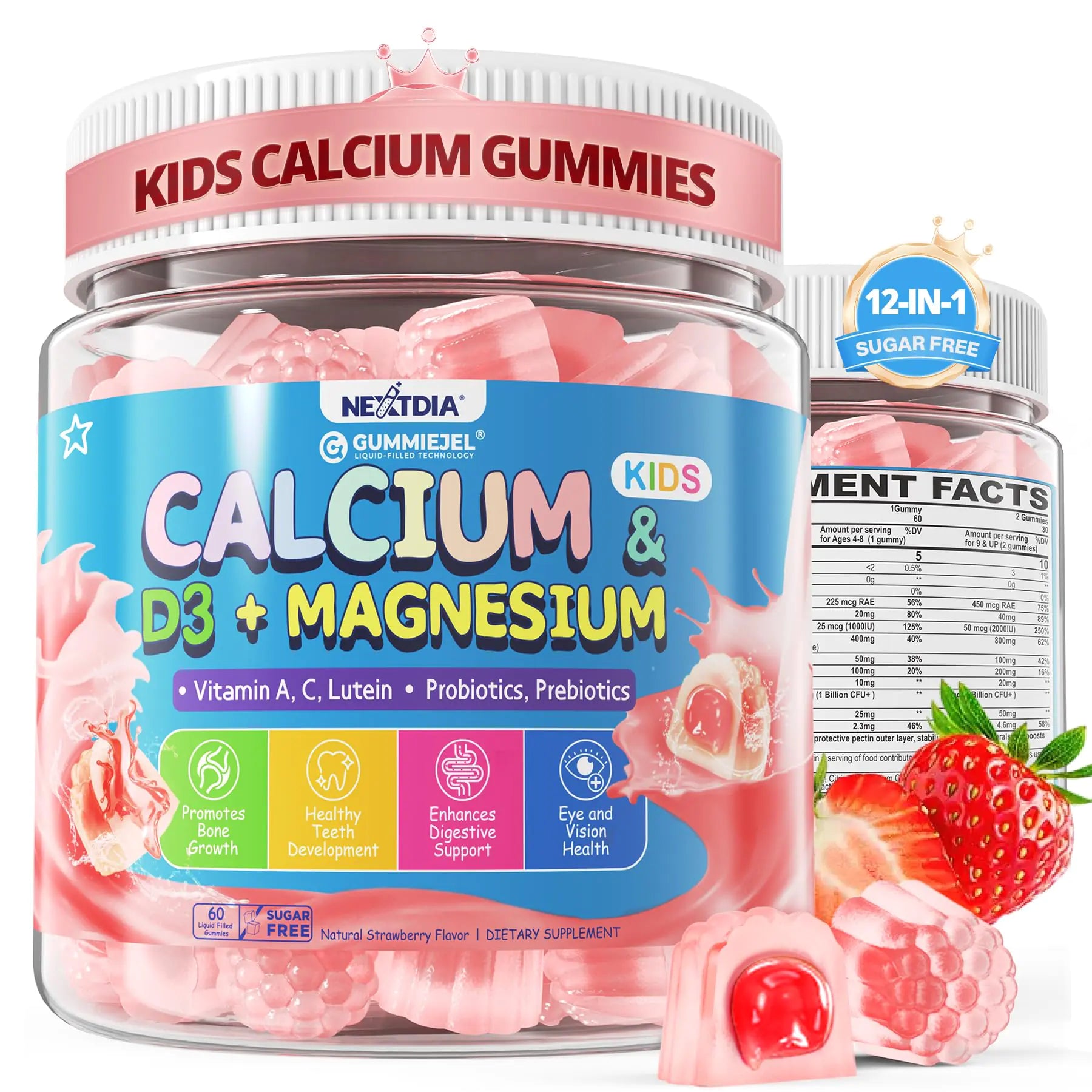 Kids Calcium Gummies + D3 & Magnesium for 4+ with Calcium Citrate Calcium Gluconate Calcium Lactate Probioics & Prebiotics for Children Bone Growth Muscle SupportDigestive HealthSugar Free 60Cts
