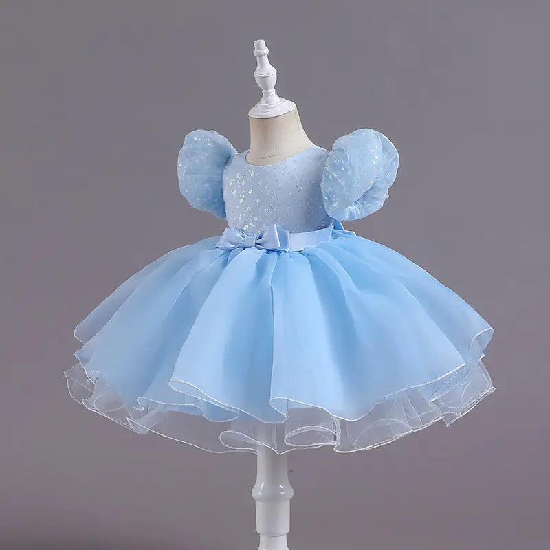 Sequined Puff Sleeve Lace Bubble Skirt Dance Dress