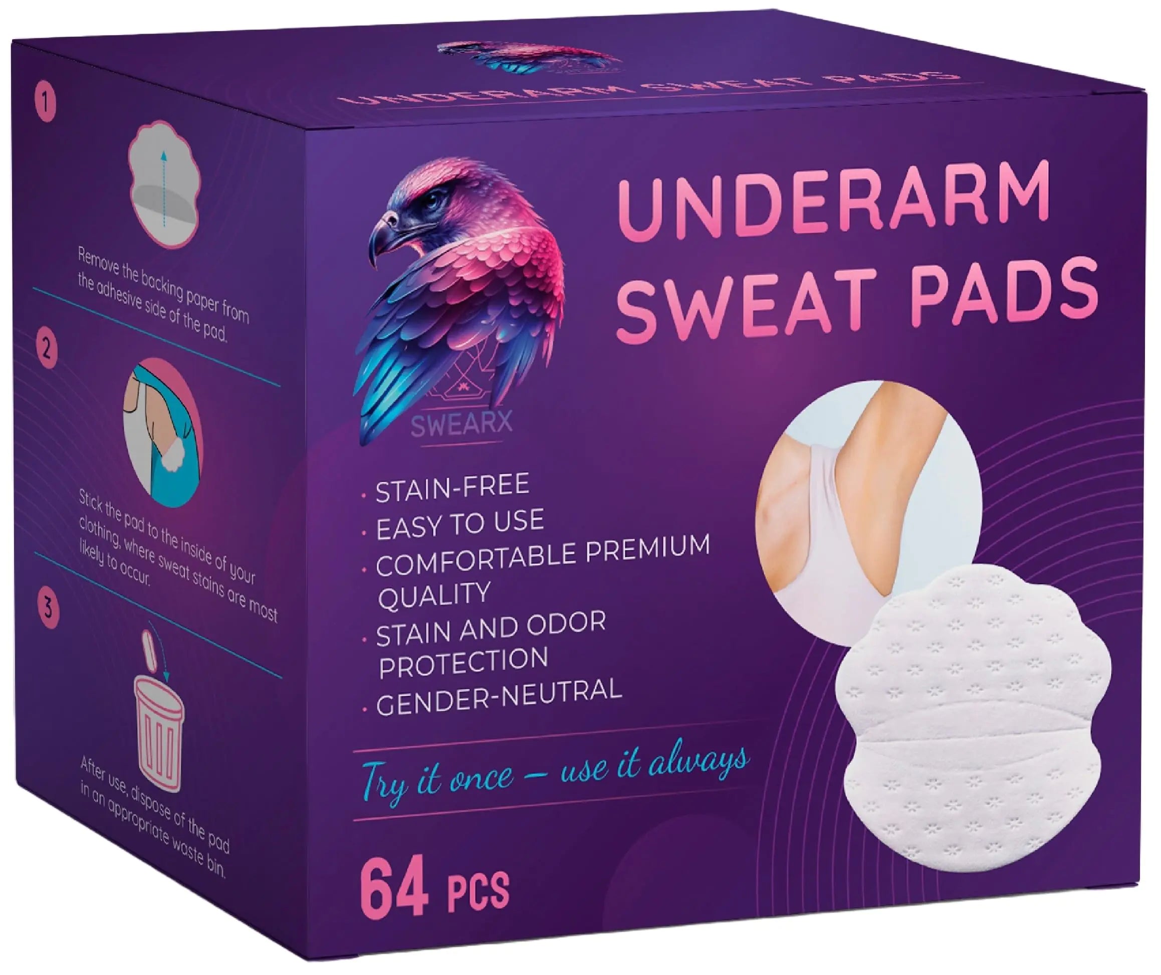 Swearx Underarm Sweat Pads for Women and Men [64 PCS] - Disposable Armpit Sweat Blocker - Comfortable Thin Stick-On Sweat Guard Pads for UnderarmsArmpit liners