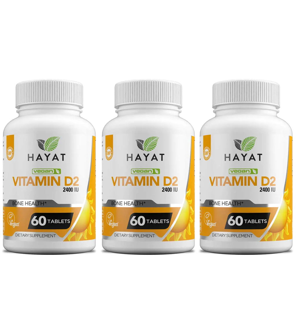 HAYAT Vitamins Vegan Natural Vitamin D 2400 IU D2 Certified Halal (Pack of 3)