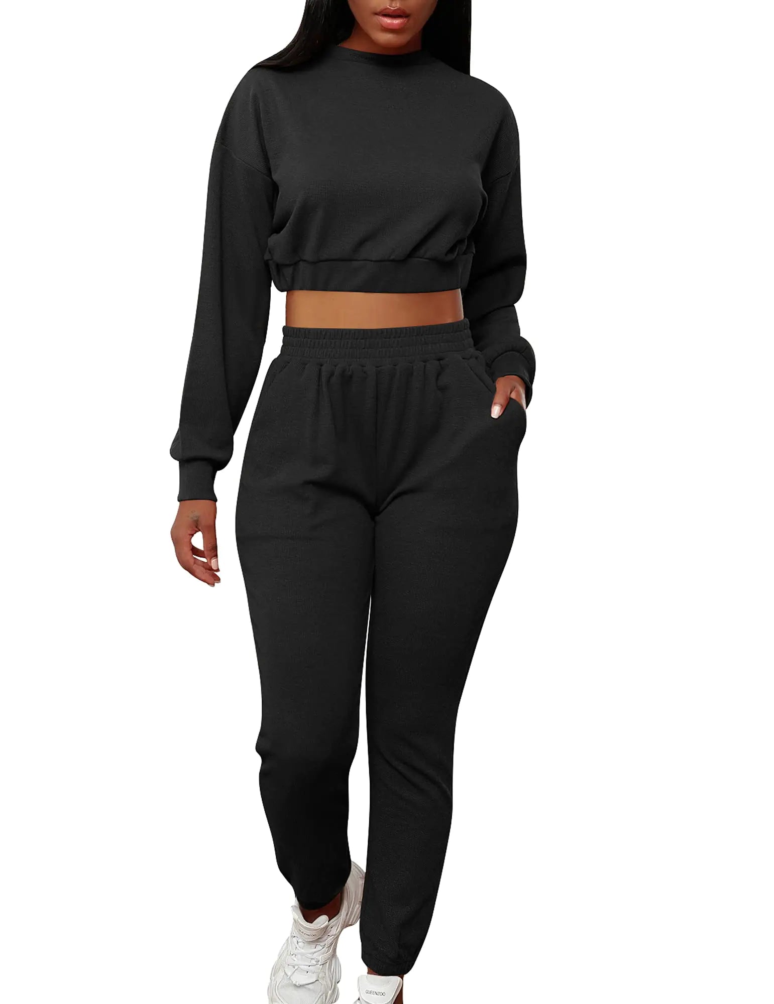 Mizoci Womens 2 Piece Outfits Lounge Jogger sets Long Sleeve Crop Top Pant Sweat Suit TracksuitSmallBlack