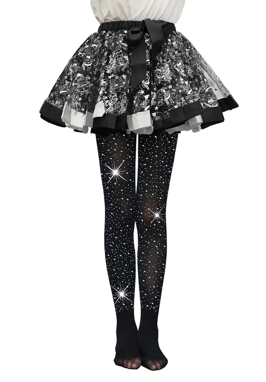 FANCAME Girls Rhinestone Tights Soft Glitter Stockings Opaque Dance Tights (US Alpha Large Regular Black)