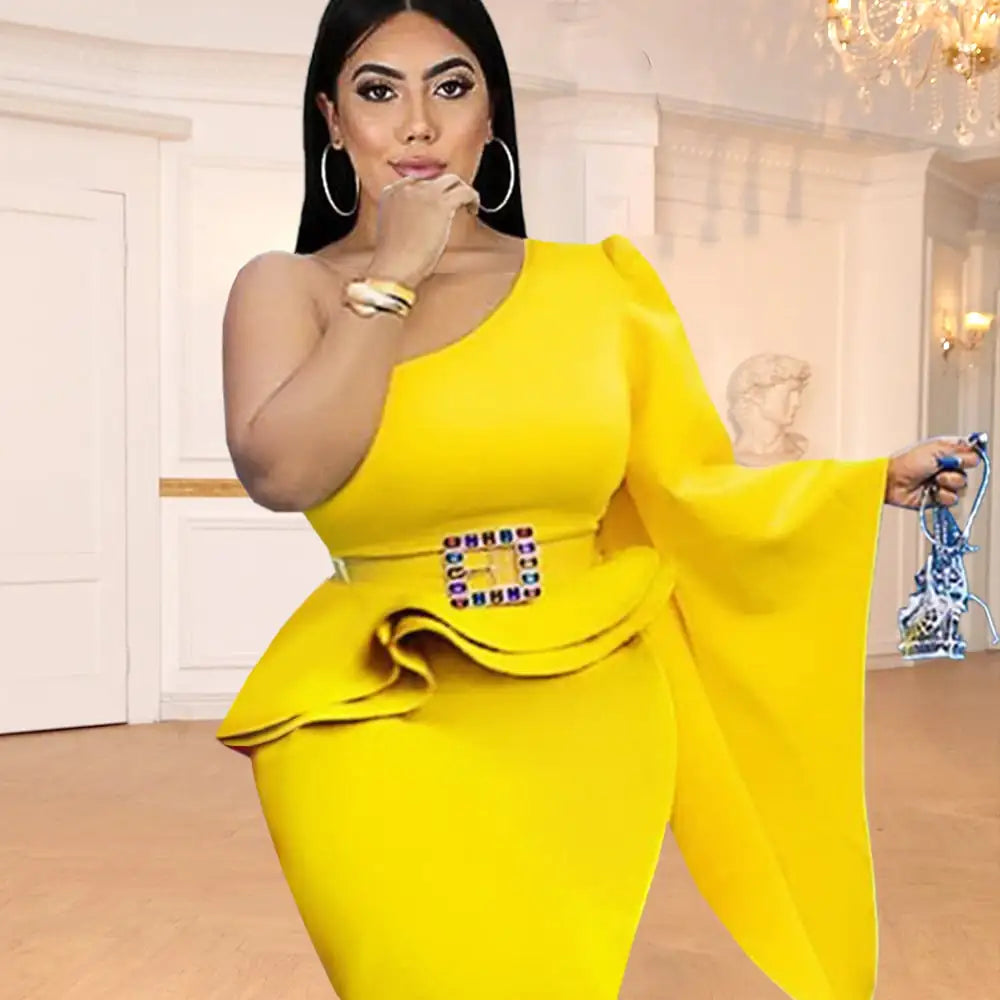 Belted High Waist Ruffled Slim Fit Party Dress