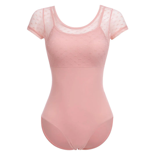 AFAVOM Ballet Leotards for Women Short Sleeve Gymnastics Leotards Sheer Mesh Lace Ballet Bodysuit Dance Leotard for Ballet Adult Ballerina Costume Dancewear Leotard with Bra Pink - Mesh Heart L