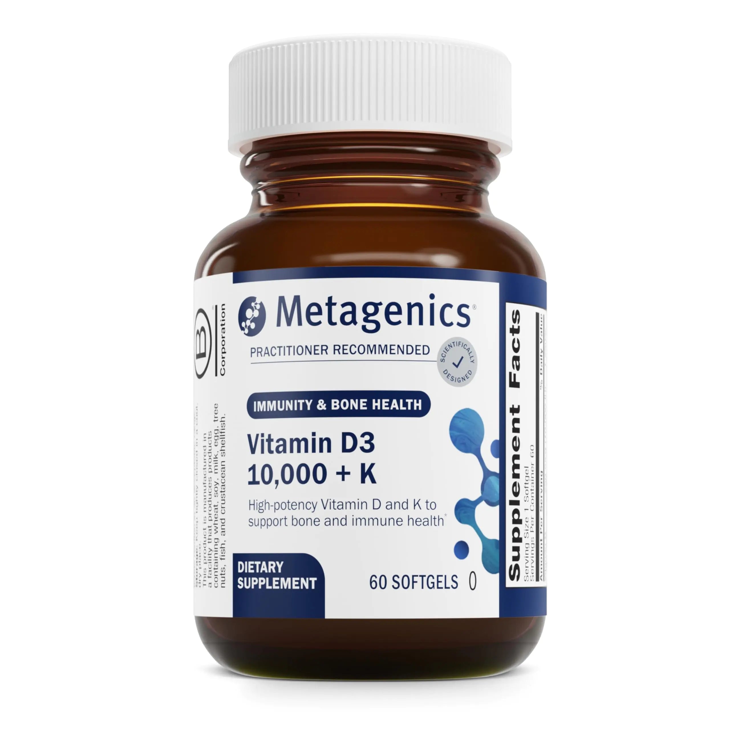 Metagenics Vitamin D3 + K - for Immune Support Bone Health & Heart Health* - Vitamin D with MK-7 (Vitamin K2) - Non-GMO - Gluten-Free - 60 Softgels - 10000 IU