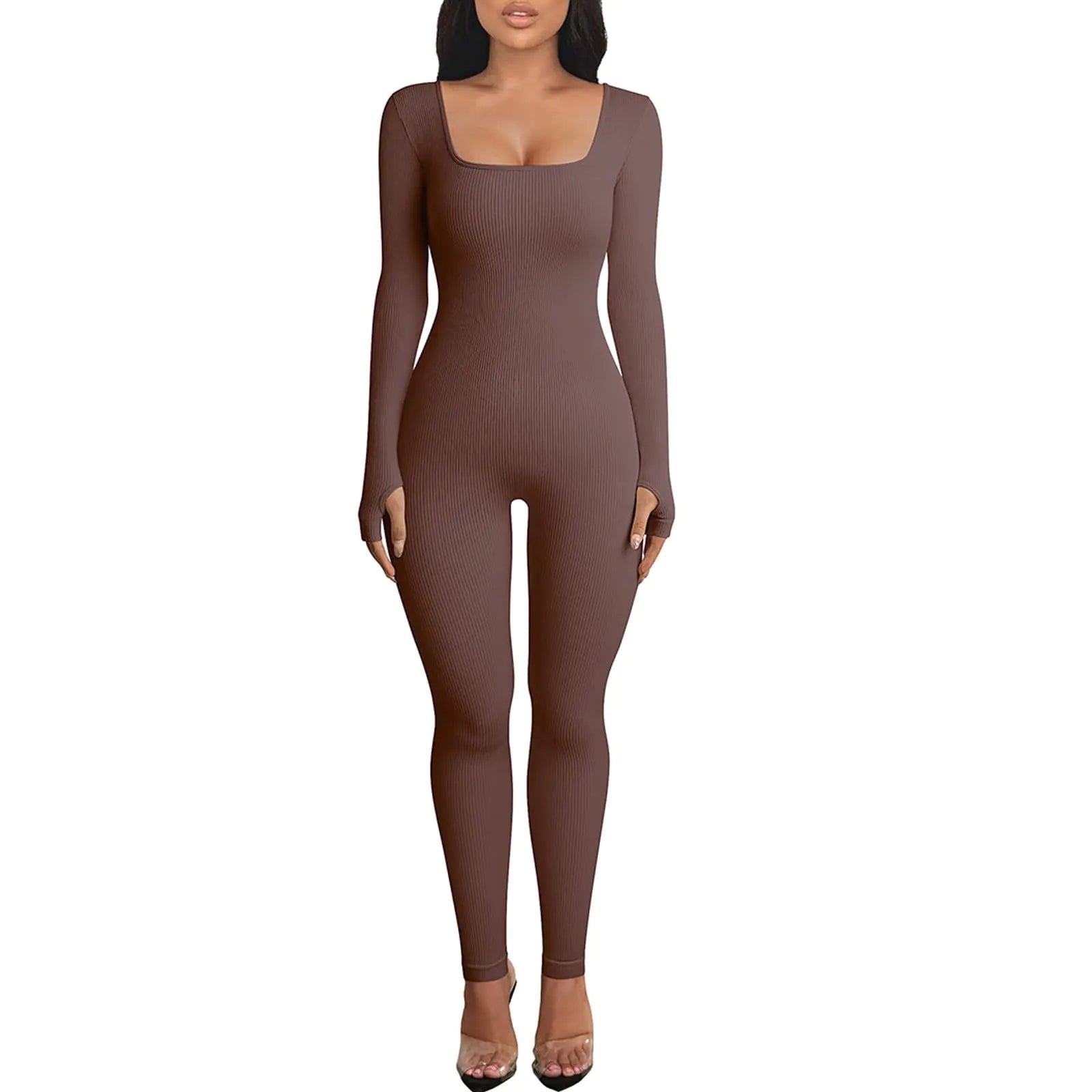 OEAK Womens Yoga Jumpsuit with Tummy Control Long Sleeve Unitard Casual Ribbed Rompers High Waisted One Piece Workout Bodycon Coffee L