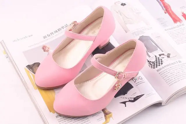 Girls White Leather High Heel Princess Dance Sandals