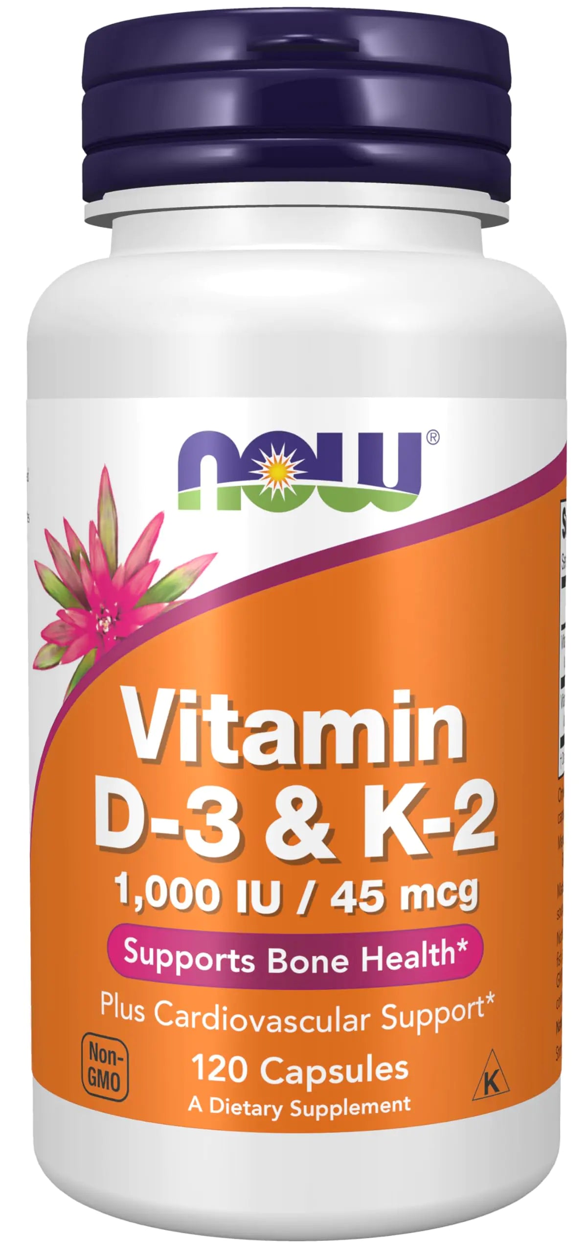 NOW Supplements Vitamin D-3 & K-2 1000 IU/45 mcgPlus Cardiovascular Support* Supports Bone Health* 120 veg Capsules