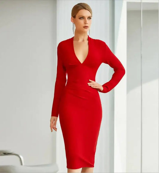 Solid Color High Waist Midi Red Party Dress