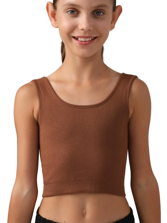 Girls Tank Tops Double Lined Ribbed Knit Crop Tops 2 Pack Basic Sleeveless Athletic Round Neck Dance Top BY002-Brown-BS