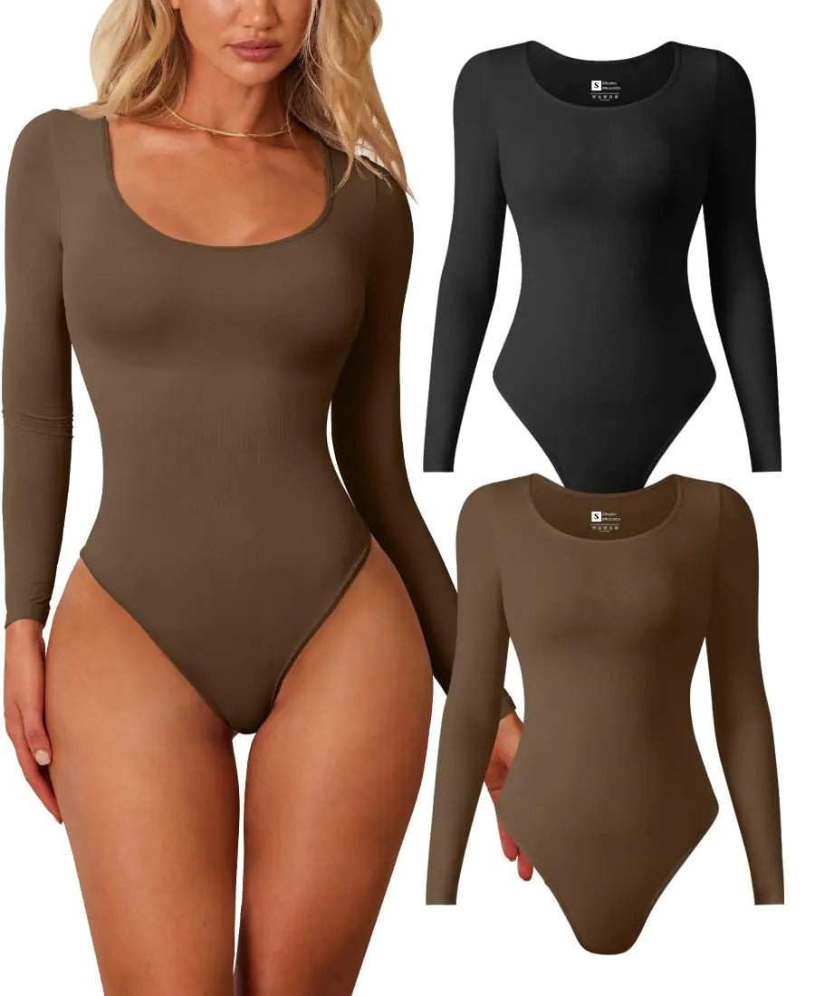 HYZ Womens 2 Piece Leotard Fall Long Sleeve Seamless Going Out Bodysuit Tops Black Coffee