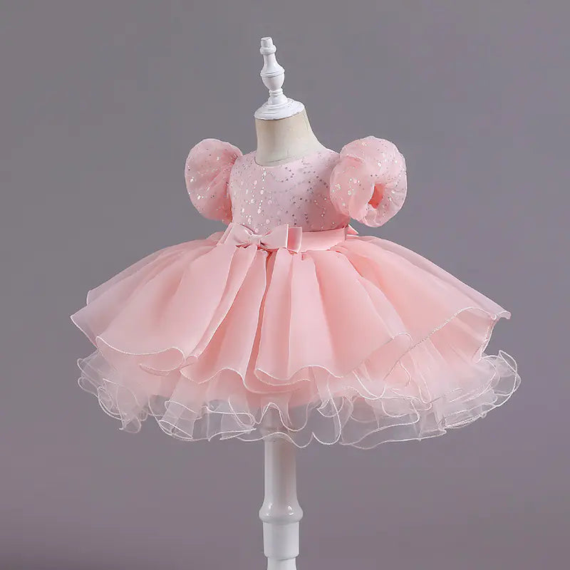 Sequined Puff Sleeve Lace Bubble Skirt Dance Dress