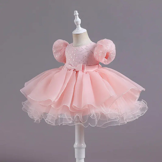 Sequined Puff Sleeve Lace Bubble Skirt Dance Dress